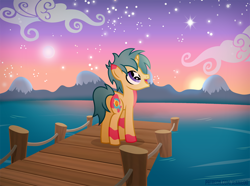 Size: 1200x895 | Tagged: safe, artist:jennieoo, derpibooru import, oc, oc only, pony, unicorn, amazed, cloud, female, filly, foal, happy, morning, pier, show accurate, sky, solo, starry eyes, teenager, vector, water, wingding eyes