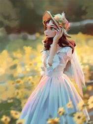 Size: 2000x2657 | Tagged: safe, artist:annna markarova, derpibooru import, oc, oc only, anthro, pegasus, anthro oc, bow, clothes, dress, eyes open, female, flower, flower in hair, freckles, hair bow, hat, mare, outdoors, solo, summer