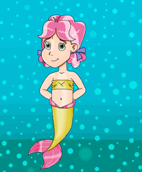 Size: 920x1109 | Tagged: safe, artist:ocean lover, derpibooru import, kettle corn, human, mermaid, bandeau, bare shoulders, belly button, bubble, child, cute, fish tail, gradient background, hand behind back, human coloration, humanized, kettlebetes, looking at you, mermaid tail, mermaidized, mermay, midriff, ribbon, shiny skin, smiling, smiling at you, species swap, tail, underwater, water