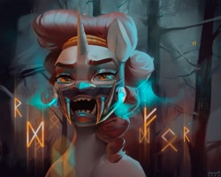 Size: 2048x1636 | Tagged: safe, artist:annna markarova, derpibooru import, oc, pony, unicorn, digital art, forest, looking at you, mask, open mouth, runes, solo