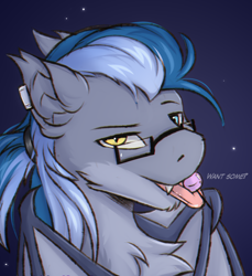 Size: 2100x2289 | Tagged: safe, artist:snowstormbat, derpibooru import, oc, oc only, oc:midnight snowstorm, bat pony, bust, candy, dialogue, fluffy, food, glasses, lollipop, male, ponytail, portrait, smiling, solo, wings