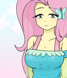 Size: 640x740 | Tagged: safe, alternate version, artist:batipin, derpibooru import, fluttershy, equestria girls, blushing, breasts, cleavage, clothes, dress, hairpin, hootershy, lidded eyes, looking at you, solo