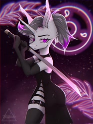 Size: 1532x2048 | Tagged: safe, artist:shinech9, derpibooru import, oc, oc only, oc:hazel radiate, anthro, unicorn, anthro oc, belt buckle, blurry background, clothes, commission, commissioner:biohazard, dark background, dress, ear fluff, ears, evening gloves, eyebrows, eyelashes, female, gloves, highlights, horn, katana, long gloves, looking at you, mare, neon, no tail, ponytail, pose, purple eyes, shoulderless, side slit, socks, solo, starry background, stockings, sword, thigh highs, thigh muffintop, unicorn oc, weapon, ych result