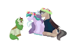 Size: 1280x732 | Tagged: safe, artist:itstechtock, derpibooru import, oc, oc:emerald grove, oc:gilded leaf, oc:polished lance, oc:waxing lyrical, bat pony, kirin, unicorn, floral head wreath, flower, simple background, transparent background