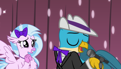 Size: 1052x598 | Tagged: safe, artist:disneymarvel96, derpibooru import, edit, gallus, silverstream, griffon, hippogriff, bow, bowtie, clothes, duo, female, gallstream, hair bow, hat, jazz, male, microphone, rock and roll, shipping, straight, string tie, suit, vector, vector edit