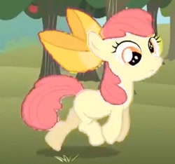 Size: 274x256 | Tagged: safe, artist:pagiepoppie12345, derpibooru import, edit, edited screencap, screencap, opal bloom, earth pony, pony, the super speedy cider squeezy 6000, apple, bow, derp, female, filly, foal, food, hair bow, mare, needs more jpeg, sweet apple acres, tree