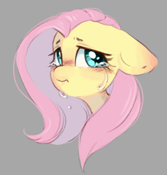 Size: 844x882 | Tagged: safe, artist:melodylibris, derpibooru import, fluttershy, pegasus, pony, blushing, bust, crying, cute, ears, female, floppy ears, gray background, mare, sad, sadorable, shyabetes, simple background, solo