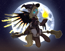 Size: 1200x947 | Tagged: artist needed, safe, derpibooru import, oc, oc only, broom, clothes, cosplay, costume, flying, flying broomstick, hat, magic, mercy, moon, overwatch, solo, witch, witch hat