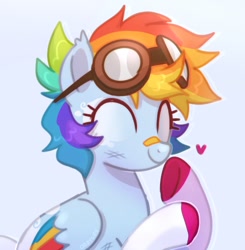 Size: 1184x1210 | Tagged: safe, artist:oddysies, derpibooru import, rainbow dash, pegasus, pony, alternate design, alternate hairstyle, aviator goggles, bandaid, bandaid on nose, blue background, bruised, colored wings, cute, dashabetes, eyes closed, female, goggles, heart, hooves, light blue background, mare, multicolored hooves, multicolored wings, redesign, scratches, short hair, short mane, simple background, smiling, solo, wings