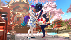 Size: 1920x1080 | Tagged: safe, artist:anthroponiessfm, derpibooru import, oc, oc:aurora starling, oc:midnight music, anthro, plantigrade anthro, 3d, anthro oc, blushing, cherry blossoms, clothes, cute, dress, female, flower, flower blossom, genshin impact, glasses, holding hands, lesbian, looking at each other, looking at someone, shoes, source filmmaker, wholesome