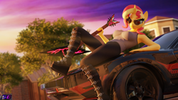 Size: 3840x2160 | Tagged: safe, artist:shadowboltsfm, derpibooru import, sunset shimmer, anthro, plantigrade anthro, 3d, 4k, aviator sunglasses, blender, boots, breasts, car, electric guitar, eyelashes, female, guitar, high heels, high res, looking at you, musical instrument, not sfm, platform boots, platform heels, shoes, smiling, solo, sun ray, sunglasses