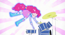 Size: 1212x659 | Tagged: safe, derpibooru import, screencap, pinkie pie, equestria girls, pinkie on the one, rainbow rocks, boots, clothes, drum kit, drums, drumsticks, eyes closed, floating, glowing, musical instrument, ponied up, shirt, shoes, skirt, smiling, solo, sparkles, sunburst background, youtube link