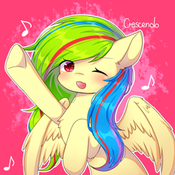 Size: 1000x1000 | Tagged: safe, artist:dddreamdraw, derpibooru import, oc, oc only, pegasus, pony, female, looking at you, mare, music notes, one eye closed, open mouth, simple background, solo, wings