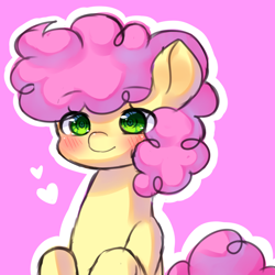 Size: 1000x1000 | Tagged: safe, artist:dddreamdraw, derpibooru import, li'l cheese, earth pony, pony, the last problem, blushing, eye clipping through hair, foal, heart, outline, pink background, simple background, solo, white background, white outline