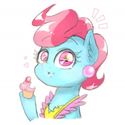 Size: 1595x1596 | Tagged: safe, artist:phoenixrk49, derpibooru import, cup cake, earth pony, pony, clothes, cupcake, eating, emanata, eye reflection, female, food, heart, looking at you, mare, raised hoof, raised leg, reflection, simple background, solo, white background