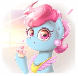 Size: 1651x1599 | Tagged: safe, artist:phoenixrk49, derpibooru import, cup cake, earth pony, pony, clothes, cupcake, eating, exclamation point, eye reflection, female, food, heart, looking at you, mare, raised hoof, raised leg, reflection, simple background, solo, white background