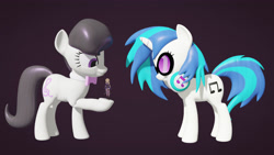 Size: 3840x2160 | Tagged: safe, artist:wissle, derpibooru import, dj pon-3, octavia melody, vinyl scratch, earth pony, human, pony, unicorn, 3d, blender, bowtie, female, figurine, fischl, genshin impact, happy, headphones, high res, holding, mare, simple background, smiling, vinyl's glasses