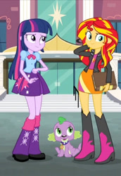 Size: 256x373 | Tagged: artist needed, source needed, safe, derpibooru import, spike, sunset shimmer, twilight sparkle, dog, equestria girls, boots, clothes, high heel boots, jacket, shirt, shoes, skirt, solo, spike the dog