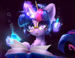 Size: 4096x3186 | Tagged: safe, artist:radioaxi, artist:wyvernthedragon, derpibooru import, twilight sparkle, twilight sparkle (alicorn), alicorn, pony, collaboration, book, cute, female, glasses, glowing, glowing horn, hair bun, horn, levitation, looking at you, magic, mare, open mouth, pen, pencil, potion, science, solo, telekinesis, twiabetes