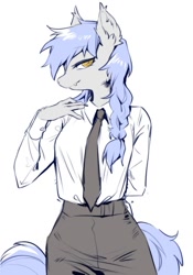 Size: 715x1024 | Tagged: safe, artist:swaybat, derpibooru import, oc, oc only, anthro, anthro oc, braid, clothes, dress shirt, ear fluff, ear tufts, ears, fangs, female, looking at you, mare, necktie, shirt, simple background, skirt, solo, white background