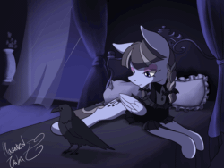 Size: 1280x960 | Tagged: safe, artist:hauntedtuba, derpibooru import, inky rose, bird, pegasus, pony, raven (bird), animated, bed, bedroom, braid, braided pigtails, drapes, eye shimmer, eyeshadow, female, frown, gif, gothic lolita, grooming, lidded eyes, looking at something, lying down, lying on bed, makeup, mare, on bed, open window, pigtails, preening, prone, rain, solo, wind, window, wings