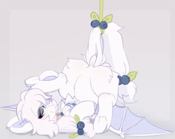 Size: 2048x1625 | Tagged: safe, artist:little-sketches, derpibooru import, oc, oc only, oc:afina bluebelle, bat pony, bat pony oc, butt, butt fluff, chest fluff, choker, collar, commission, cute, looking at you, lying down, on back, plot, smiling, solo, spread wings, tied up, upside down, wings, your character here