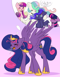 Size: 2297x2937 | Tagged: safe, artist:pledus, derpibooru import, princess cadance, princess celestia, princess luna, twilight sparkle, twilight sparkle (alicorn), oc, oc:queen galaxia, alicorn, pony, alicorn oc, blushing, commissioner:bigonionbean, cross-popping veins, crown, cutie mark, embarrassed, ethereal mane, ethereal tail, female, fusion, fusion:queen galaxia, horn, horseshoes, hug, jewelry, mare, regalia, tail, thought bubble, traditional royal canterlot voice, uneasy, wings, yelling