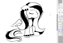 Size: 1180x812 | Tagged: safe, artist:makaryo, derpibooru import, fluttershy, pegasus, pony, black and white, choker, ear piercing, emo, emoshy, eyes closed, grayscale, lineart, monochrome, piercing, solo, spiked choker, spiked wristband, wip, wristband