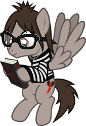 Size: 853x1252 | Tagged: safe, artist:lightningbolt, derpibooru exclusive, derpibooru import, pegasus, pony, .svg available, book, clothes, fanfic, glasses, hoof hold, jewelry, looking down, male, mikey way, my chemical romance, necklace, ponified, shirt, simple background, smiling, solo, spread wings, stallion, svg, transparent background, vector, wings