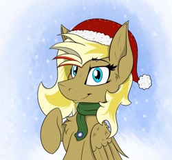 Size: 1125x1046 | Tagged: safe, artist:dangercloseart, derpibooru import, oc, oc only, oc:kitty hawk, pegasus, pony, beautiful, blue background, blue eyes, christmas, clothes, cute, emblem, female, hat, holiday, looking at you, mane, mare, pegasus oc, santa hat, scarf, simple background, smiling, snow, snowflake, solo