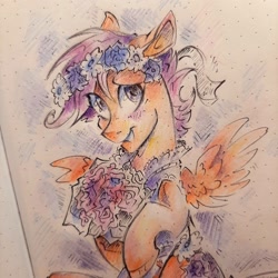 Size: 2048x2048 | Tagged: safe, artist:regenbogen, derpibooru import, scootaloo, pegasus, pony, a canterlot wedding, blushing, bouquet, bridesmaid dress, clothes, cute, cutealoo, dress, female, filly, flower, foal, hoof hold, solo, spread wings, traditional art, wings