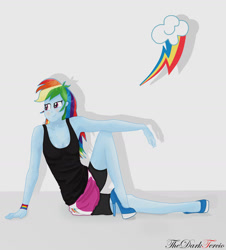 Size: 1600x1769 | Tagged: safe, artist:thedarktercio, derpibooru import, rainbow dash, equestria girls, friendship is magic, clothes, compression shorts, cute, cutie mark, female, full body, high heels, shoes, sitting, skirt, smiling, solo, tanktop