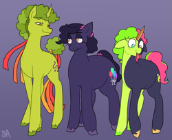 Size: 1227x998 | Tagged: safe, artist:greenarsonist, derpibooru import, oc, oc only, oc:jesse wisecracker, oc:jumping jack⤴, oc:party popper🎊, earth pony, pony, unicorn, :p, amputee, chubby, dyed hair, dyed mane, dyed tail, earth pony oc, family, hair accessory, heterochromia, horn, looking at each other, looking at someone, male, nonbinary, prosthetic horn, prosthetics, stallion, tail, tongue, tongue out, two toned mane, two toned tail, unicorn oc, unshorn fetlocks