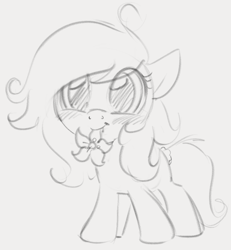 Size: 870x941 | Tagged: safe, artist:dotkwa, derpibooru import, oc, oc only, oc:kayla, earth pony, pony, blushing, cute, female, filly, flower, flower in mouth, foal, gradient background, grayscale, monochrome, mouth hold, ocbetes, scrunchie, sketch, solo
