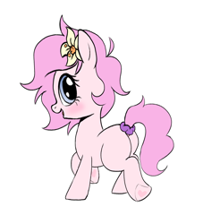 Size: 2008x2207 | Tagged: safe, artist:horsepen, oc, oc only, oc:kayla, earth pony, pony, blushing, female, filly, flower, flower in hair, foal, heart hoof, looking at you, looking back, looking back at you, open mouth, open smile, rear view, scrunchie, side view, simple background, smiling, smiling at you, solo, underhoof, white background