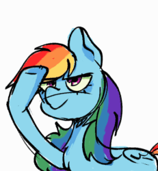 Size: 500x540 | Tagged: safe, artist:kryzie, derpibooru import, rainbow dash, pegasus, pony, :p, animated, april fools, colored, female, folded wings, gif, loop, mare, multicolored hair, pixel art, r/place, reddit, salute, simple background, solo, tongue, tongue out, unibrow, white background, wings