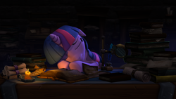 Size: 3840x2160 | Tagged: safe, artist:owlpirate, derpibooru import, twilight sparkle, unicorn twilight, pony, unicorn, 3d, 4k, book, candle, desk, ears, eyes closed, female, floppy ears, high res, inkwell, magnifying glass, mare, quill, scroll, sleeping, solo