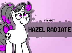 Size: 800x592 | Tagged: safe, artist:soupafterdark, derpibooru import, oc, oc only, oc:hazel radiate, pony, unicorn, banned from equestria daily, bow, chest fluff, commissioner:biohazard, cute, eyebrows, eyelashes, highlights, horn, ponytail, purple eyes, simple background, smiling, splash art, tail, tail bow, unicorn oc, ya got