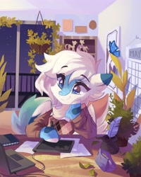 Size: 3275x4096 | Tagged: safe, artist:saxopi, derpibooru import, oc, oc only, oc:michini, butterfly, pegasus, pony, argyle, balcony, calendar, clothes, computer, female, indoors, inkwell, laptop computer, leaves, mare, night, notebook, potted plant, quill, sky, smiling, solo, sweater, tablet