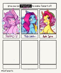 Size: 1715x2048 | Tagged: safe, artist:mscolorsplash, derpibooru import, apple spice, skywishes, thistle whistle, earth pony, pegasus, pony, g3, female, grin, mare, six fanarts, smiling, wip