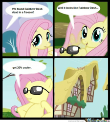 Size: 500x555 | Tagged: safe, artist:ponyflea, derpibooru import, edit, fluttershy, pegasus, pony, 20% cooler, artifact, csi, csi miami, dark comedy, female, implied death, implied rainbow dash, mare, meme, memecenter, needs more jpeg, speech bubble, sunglasses, text, watermark, yay