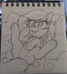 Size: 1670x1836 | Tagged: safe, artist:lockheart, derpibooru import, derpy hooves, pegasus, pony, butt, cloud, cute, derpabetes, female, grayscale, lying down, lying on a cloud, mare, monochrome, on a cloud, on back, pencil drawing, plot, solo, traditional art, underhoof