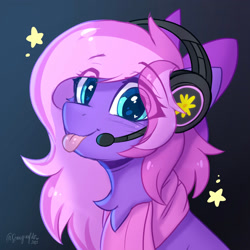 Size: 1800x1800 | Tagged: safe, artist:sonigiraldo, derpibooru import, oc, oc only, oc:lillybit, earth pony, :p, adorkable, chest fluff, clothes, cute, dork, earth pony oc, gaming headset, headphones, headset, microphone, scarf, silly, stars, tongue, tongue out