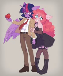 Size: 2400x2900 | Tagged: safe, artist:exxi00, derpibooru import, pinkie pie, twilight sparkle, twilight sparkle (alicorn), alicorn, anthro, earth pony, apple, blushing, book, clothes, crossover, death note, dress, duo, eyebrows, eyebrows visible through hair, female, fishnet stockings, food, horn, jewelry, lesbian, light yagami, misa amane, necklace, necktie, pony ears, shipping, smiling, spread wings, suit, twinkie, wings