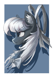 Size: 1417x2048 | Tagged: safe, artist:疾云星火, derpibooru import, oc, oc only, oc:wbw, oc:wbwpony, pegasus, pony, black and white, black fur, bowtie, confident, ear fluff, ears, grayscale, monochrome, pegasus oc, side view, solo, wbw, wbwpony, white hair, white mane, 白黑白, 🎀