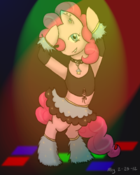 Size: 576x720 | Tagged: safe, artist:itsjustmeg, derpibooru import, pinkie pie, earth pony, pony, bipedal, clothes, collar, dance floor, dancing, female, mare, solo