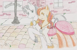 Size: 2533x1638 | Tagged: safe, artist:itsjustmeg, derpibooru import, oc, oc only, earth pony, pony, unicorn, clothes, colored pencil drawing, dress, female, male, mare, shipping, stallion, traditional art