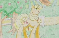 Size: 2465x1565 | Tagged: safe, artist:itsjustmeg, derpibooru import, applejack, earth pony, pony, applejack's hat, clothes, colored pencil drawing, cowboy hat, female, hat, mare, solo, traditional art