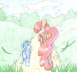 Size: 2498x2341 | Tagged: safe, artist:itsjustmeg, derpibooru import, oc, oc only, oc:copper charm, earth pony, pegasus, pony, amputee, butt, colored pencil drawing, colt, duo, female, foal, male, mare, one wing out, plot, prosthetic leg, prosthetic limb, prosthetics, traditional art, wings