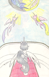 Size: 1610x2499 | Tagged: safe, artist:itsjustmeg, derpibooru import, princess celestia, princess luna, princess skyla, twilight sparkle, twilight sparkle (alicorn), oc, alicorn, pony, alicorn oc, butt, colored pencil drawing, horn, plot, traditional art, wings, yin-yang